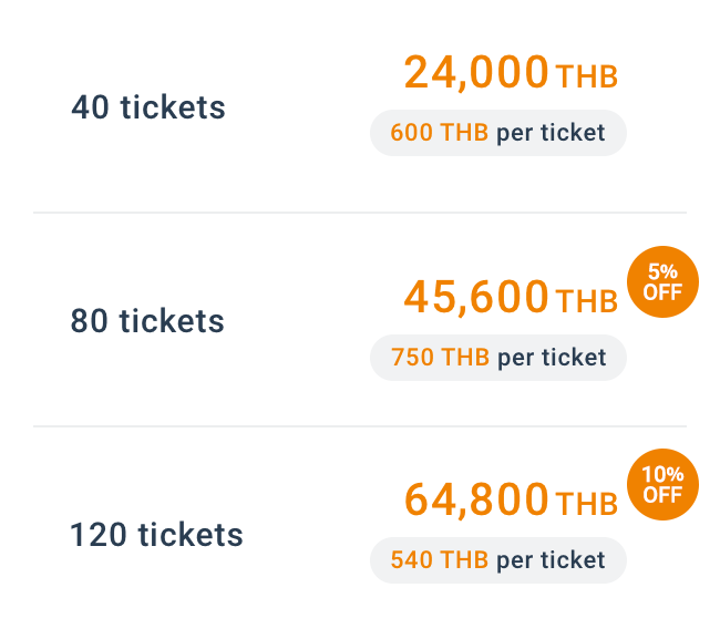 40 tickets – 24,000THB / 80 tickets – 45,600THB / 120 tickets – 64,800THB