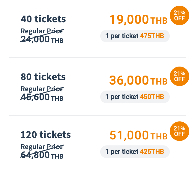 40 tickets 19,000THB / 80 tickets 36,000THB / 120 tickets 51,000THB